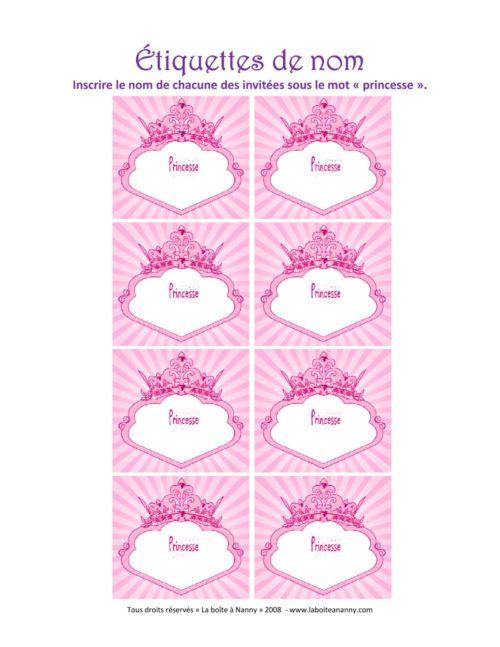 Étiquettes de noms des invités- princesse