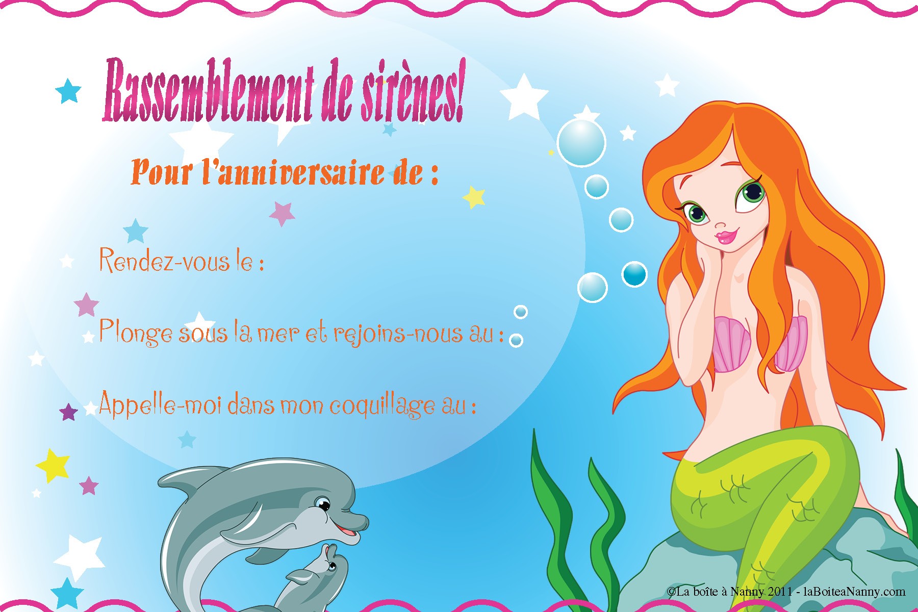 Invitations pour anniversaire a thème les sirènes pour filles : La